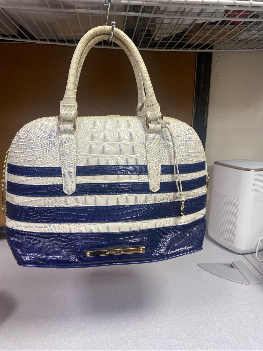 Brahmin Cream and Navy Striped Croc-Embossed Satchel